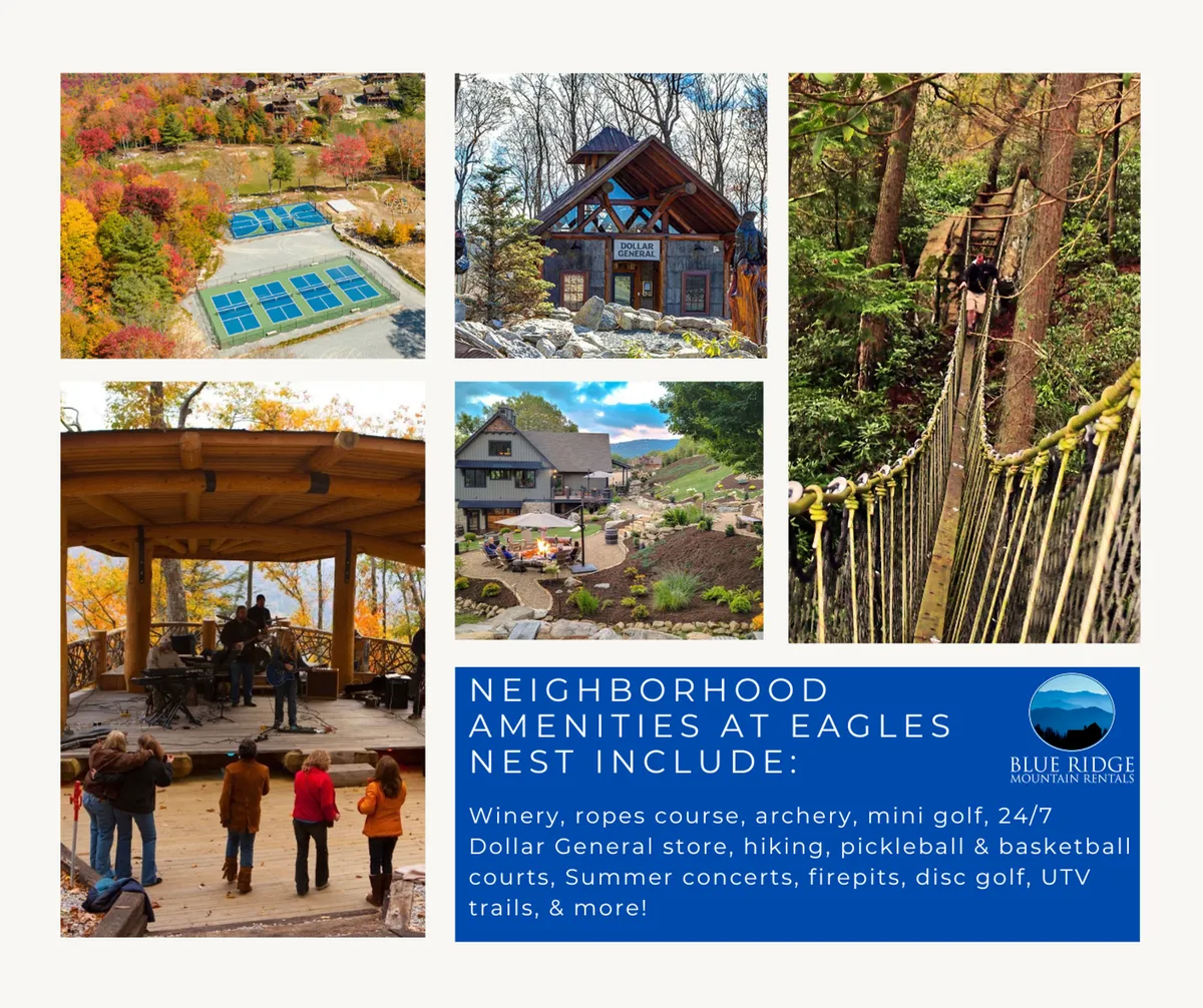 A vibrant outdoor concert and recreation area featuring a rustic lodge-like building, ropes course, and panoramic mountain views. The area is designed for group activities, live music events, and various sports, making it an energetic communal space for family and friends.